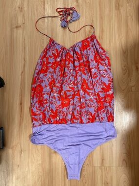 Free People Women’s L Liza Halter Bodysuit Wisteria Floral Tassel Top